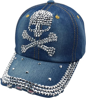 Women Distressed Denim Rhinestone Skull Cap