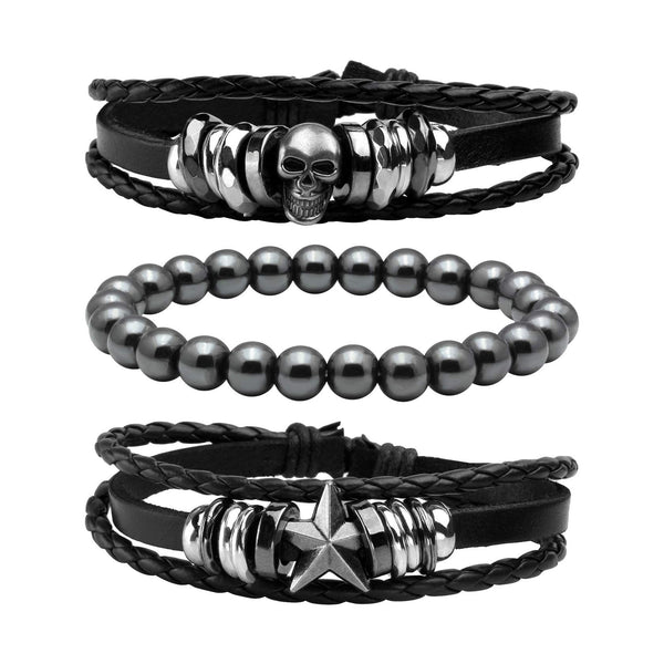 3 Pcs Unisex Braided Leather Skull Bracelet