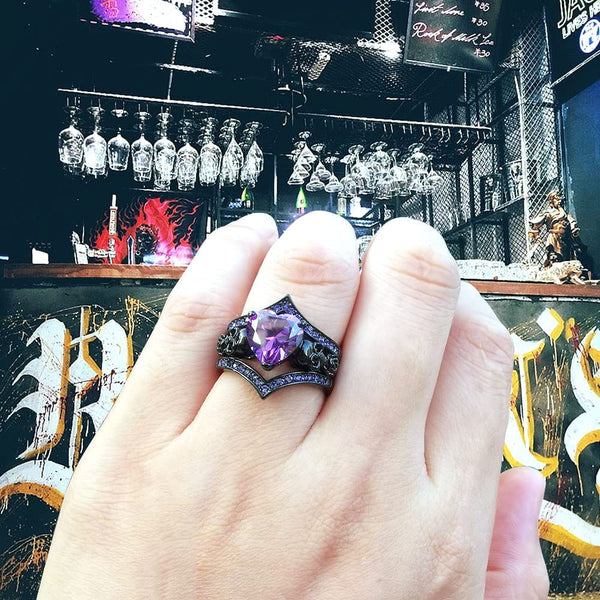 Gothic Black Rose Flower Skull Ring Set