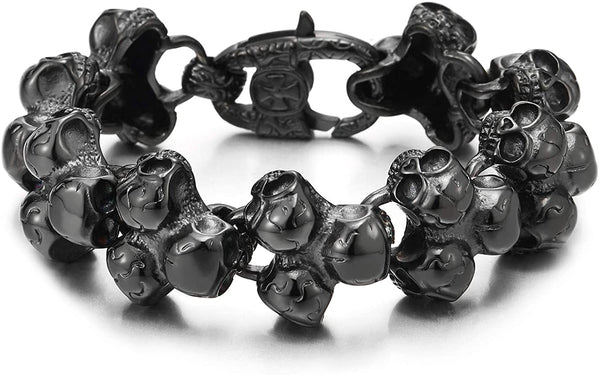 Gothic Large Stainless Steel Triple Skulls Bracelet for Men