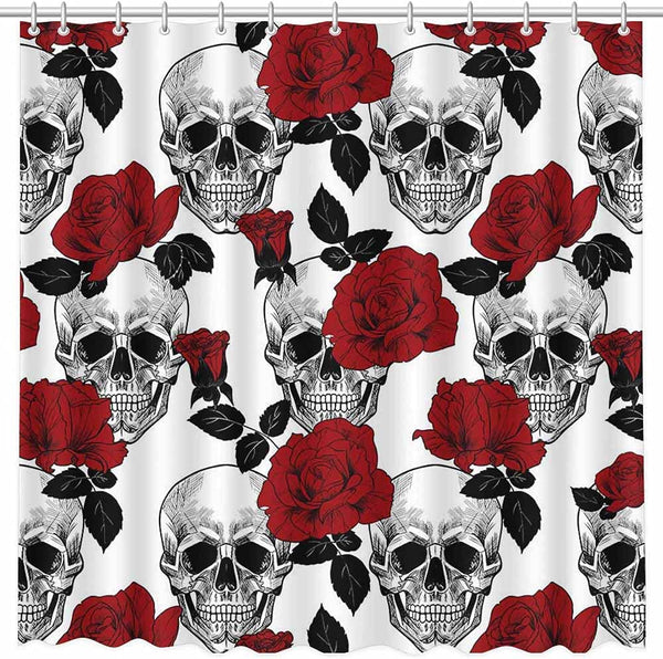 Skull Red Rose Floral Shower Curtain Set with Hooks, 72x72in