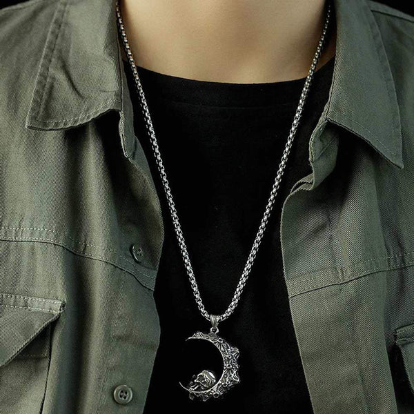 Stainless Steel Crescent Gothic Skull Necklace