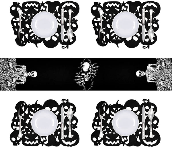 Skeleton Skull Table Runner with 4 Black Skull Placemats Set