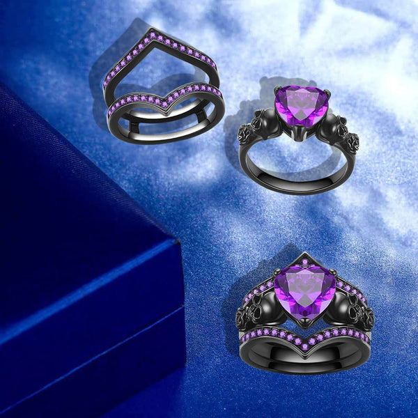 Gothic Black Rose Flower Skull Ring Set