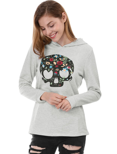Women Floral Skull Print Pullover Hoodie Sweatshirt