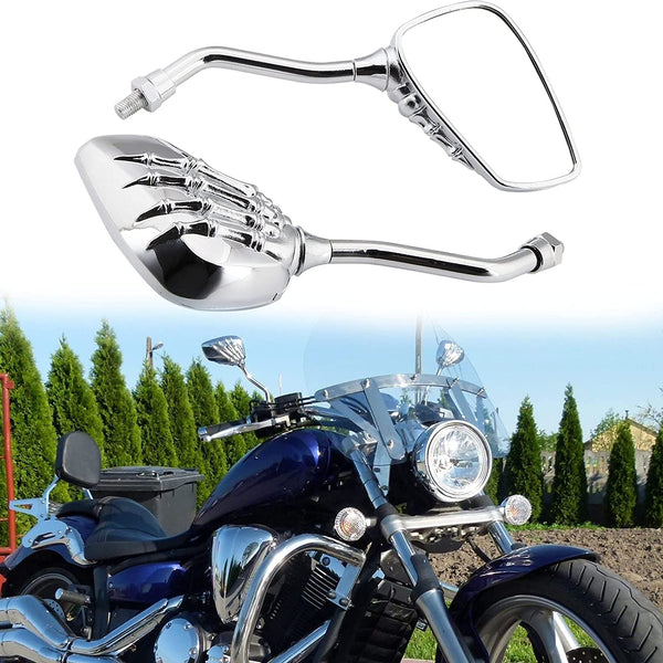 Chrome 8mm/10mm Motorcycle Skull Skeleton Rearview Side Mirrors