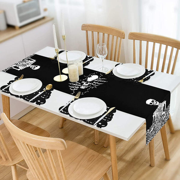 Skeleton Skull Table Runner with 4 Black Skull Placemats Set