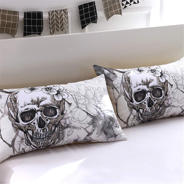 Modern Flower Skull Gray and Black Duvet Cover Set