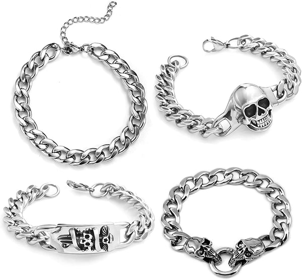 Skull Stainless Steel Bracelet Cuban Chain Jewelry Set For Men
