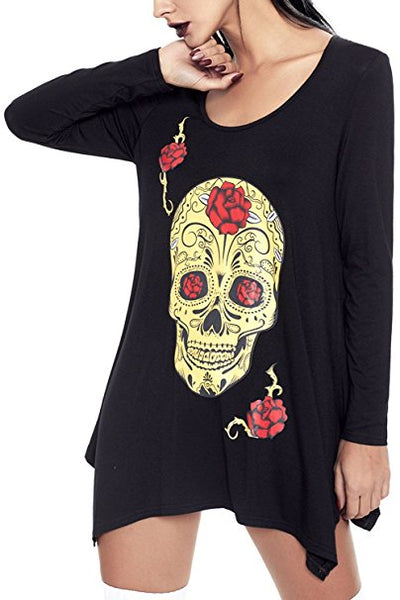 Women Casual Skull Print Long Sleeve Hem Blouse Top