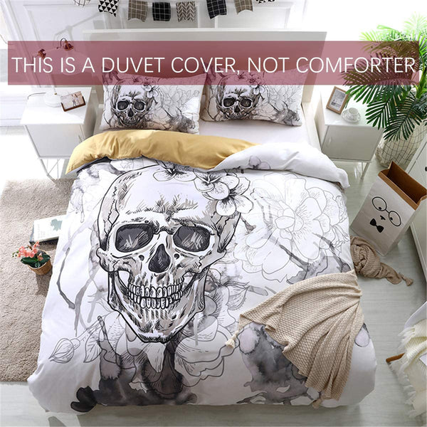 Modern Flower Skull Gray and Black Duvet Cover Set