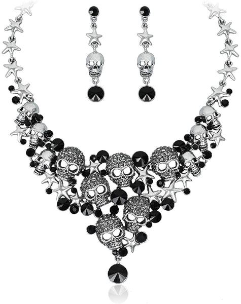 Vintage Skull Crystal Statement Necklace Earrings Set