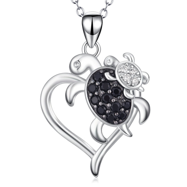 Sterling Silver Mom and Child Sea Turtle Heart Pendant Necklace,