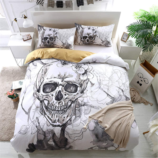 Modern Flower Skull Gray and Black Duvet Cover Set