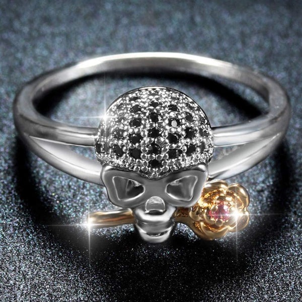 Silver Gold Two Tone Gothic Skull Death Rose Ring