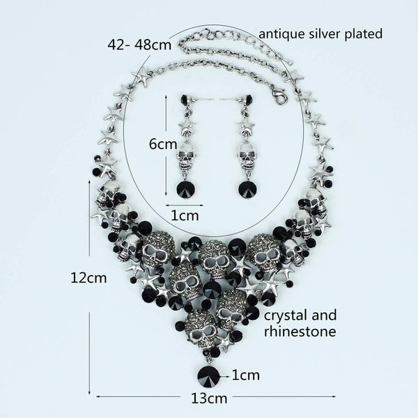 Vintage Skull Crystal Statement Necklace Earrings Set