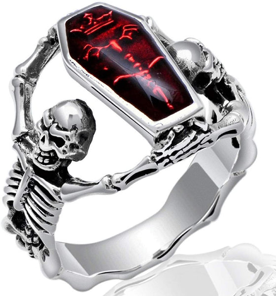 Silver Skull Bat Coffin Ring