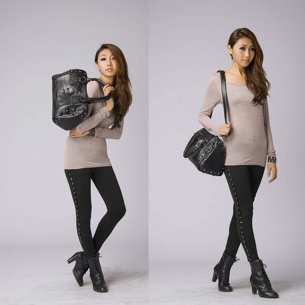 Women Skull Large Capacity Studded Shoulder Handbag