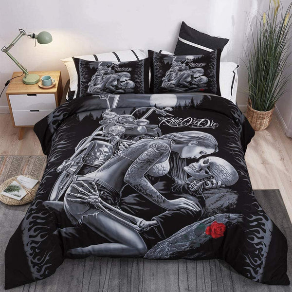 Skull Duvet Cover Ride or Die, 3 Pieces(1 Duvet Cover +2 Pillowcases)