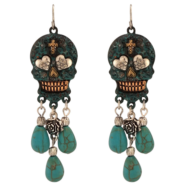 Stone Dangling Sugar Skull Fish Hook Earrings