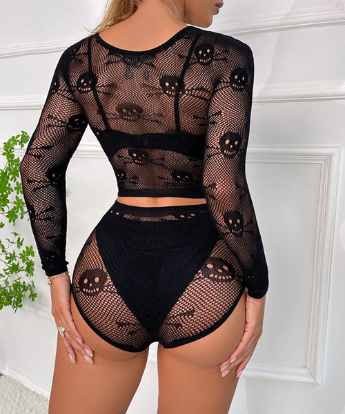 Skull Top And Panties Fishnet Lingerie Set