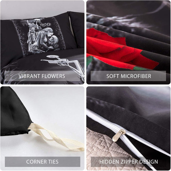 Skull Duvet Cover Ride or Die, 3 Pieces(1 Duvet Cover +2 Pillowcases)