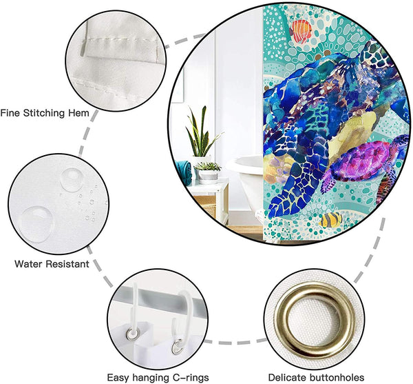 Nautical Sea Turtle Shower Curtain Sets with 12 Hooks