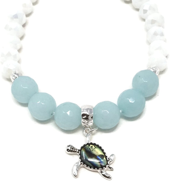 Sea Turtle Bead Abalone Charm Stretch Bracelet