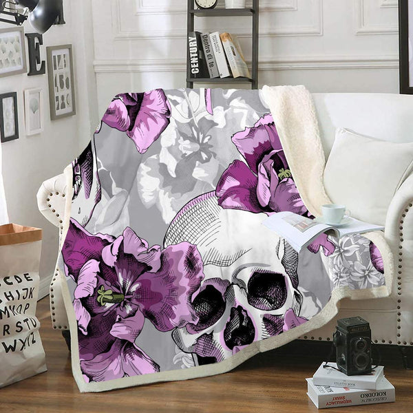 Skull Tulips Flower Sherpa Fleece Throw Blanket (50"x60")