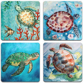 Watercolor Sea Turtle Square Coaster Set - Set of 4