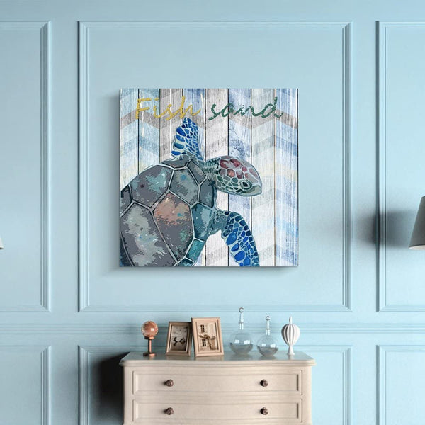 Sea Turtle Wall Art Blue Ocean Theme Decor (12 x 12 inch FRAMED)