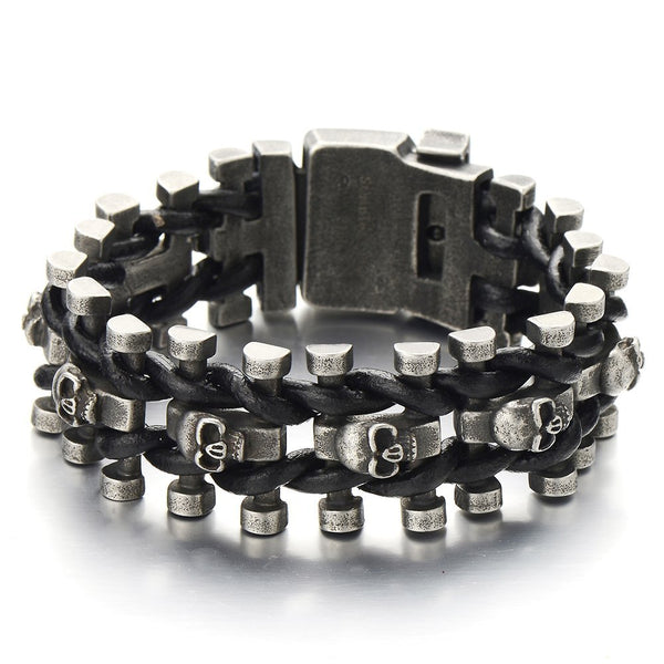 Black Braided Leather Skulls Bracelet