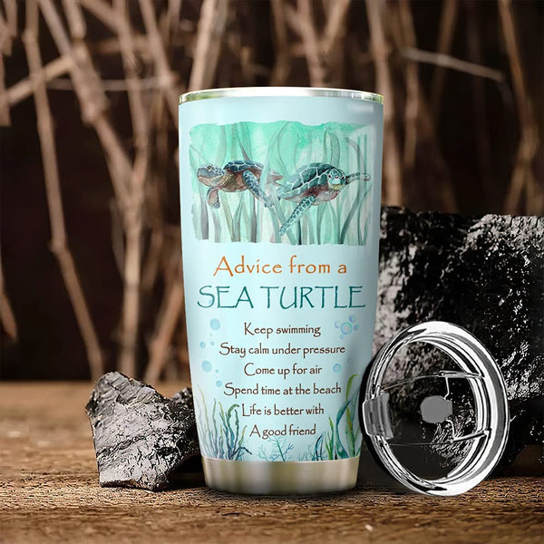20oz Advice From A Sea Turtle Ocean Inspiration Tumbler Cup With Lid