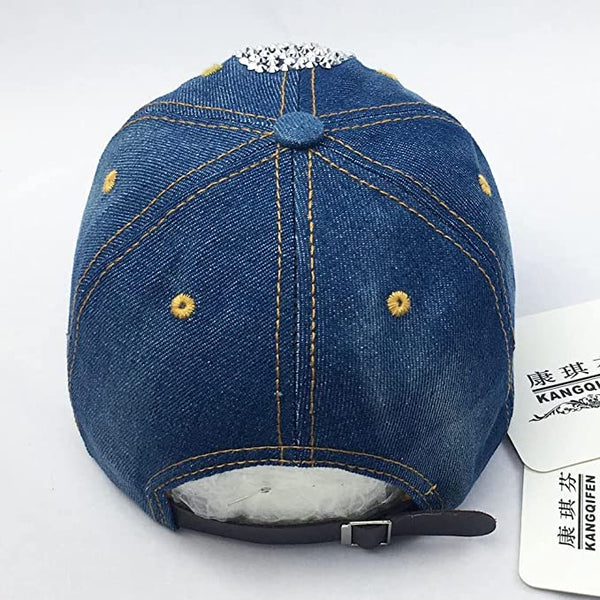 Women Distressed Denim Rhinestone Skull Cap