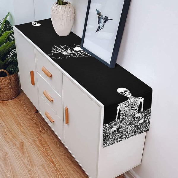 Skeleton Skull Table Runner with 4 Black Skull Placemats Set