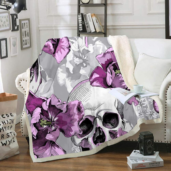 Skull Tulips Flower Sherpa Fleece Throw Blanket (50"x60")