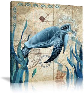 Sea Turtle Teal Framed Wall Art Decor 16x16