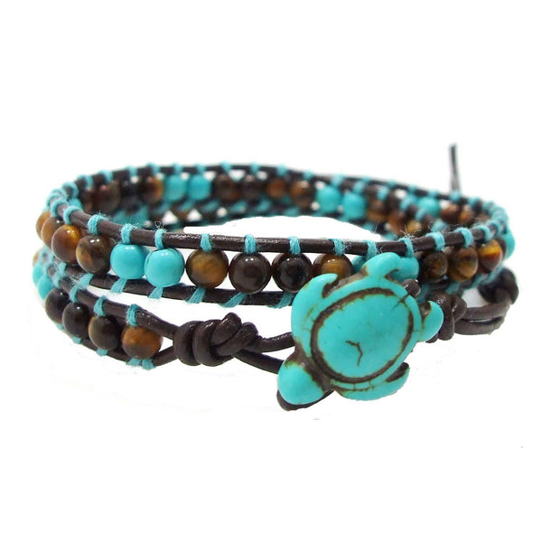 Ocean Sea Turtle Simulated Turquoise and Tiger's Eye Double Wrap Leather Bracelet