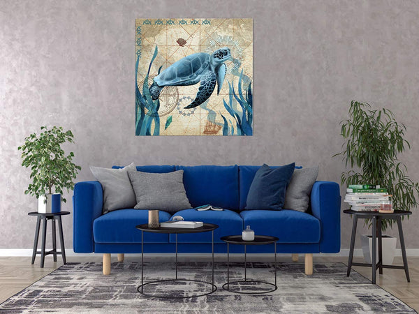 Sea Turtle Teal Framed Wall Art Decor 16x16