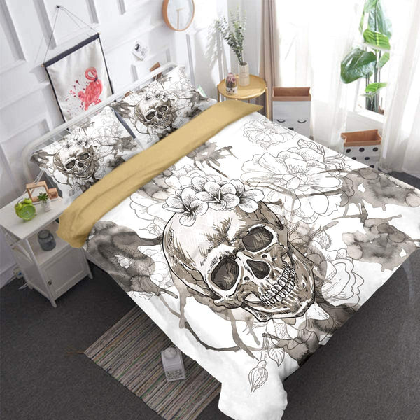 Modern Flower Skull Gray and Black Duvet Cover Set