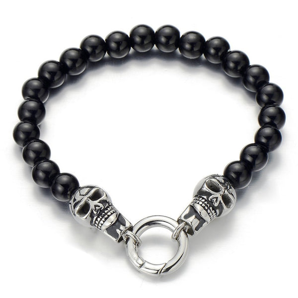 Skull Men Black Onyx Beads Bracelet