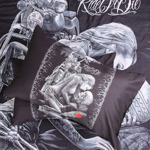 Skull Duvet Cover Ride or Die, 3 Pieces(1 Duvet Cover +2 Pillowcases)