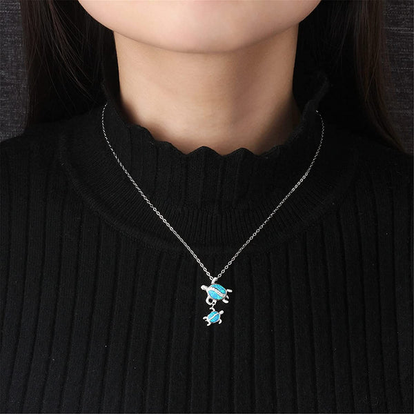 Blue Opal Mom Turtle With Baby Pendant Necklace