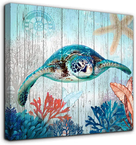 Sea Turtle Canvas Wall Art Ocean Beach Coast Theme Size 14x14 Framed