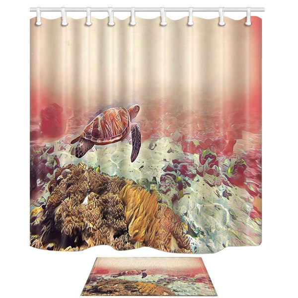 Sea Turtle Mildew Resistant Shower Curtain Floor Doormat Set