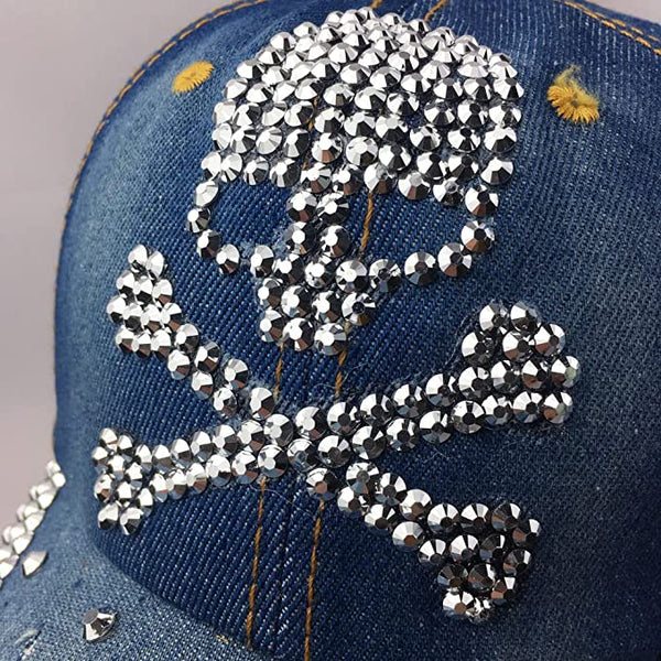 Women Distressed Denim Rhinestone Skull Cap