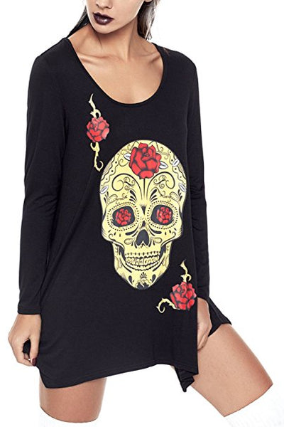 Women Casual Skull Print Long Sleeve Hem Blouse Top