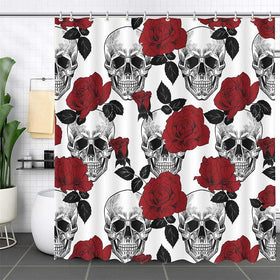 Skull Red Rose Floral Shower Curtain Set with Hooks, 72x72in