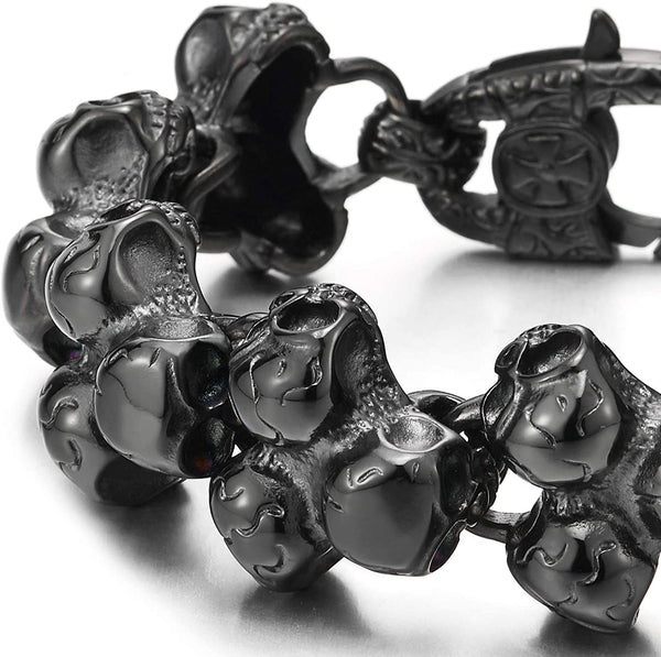 Gothic Large Stainless Steel Triple Skulls Bracelet for Men