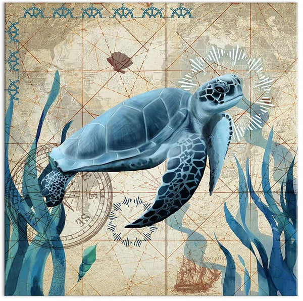 Sea Turtle Teal Framed Wall Art Decor 16x16
